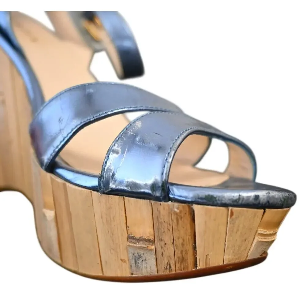 Prada Blue Metallic Leather Bamboo Wedge Platform Sandals Size 39